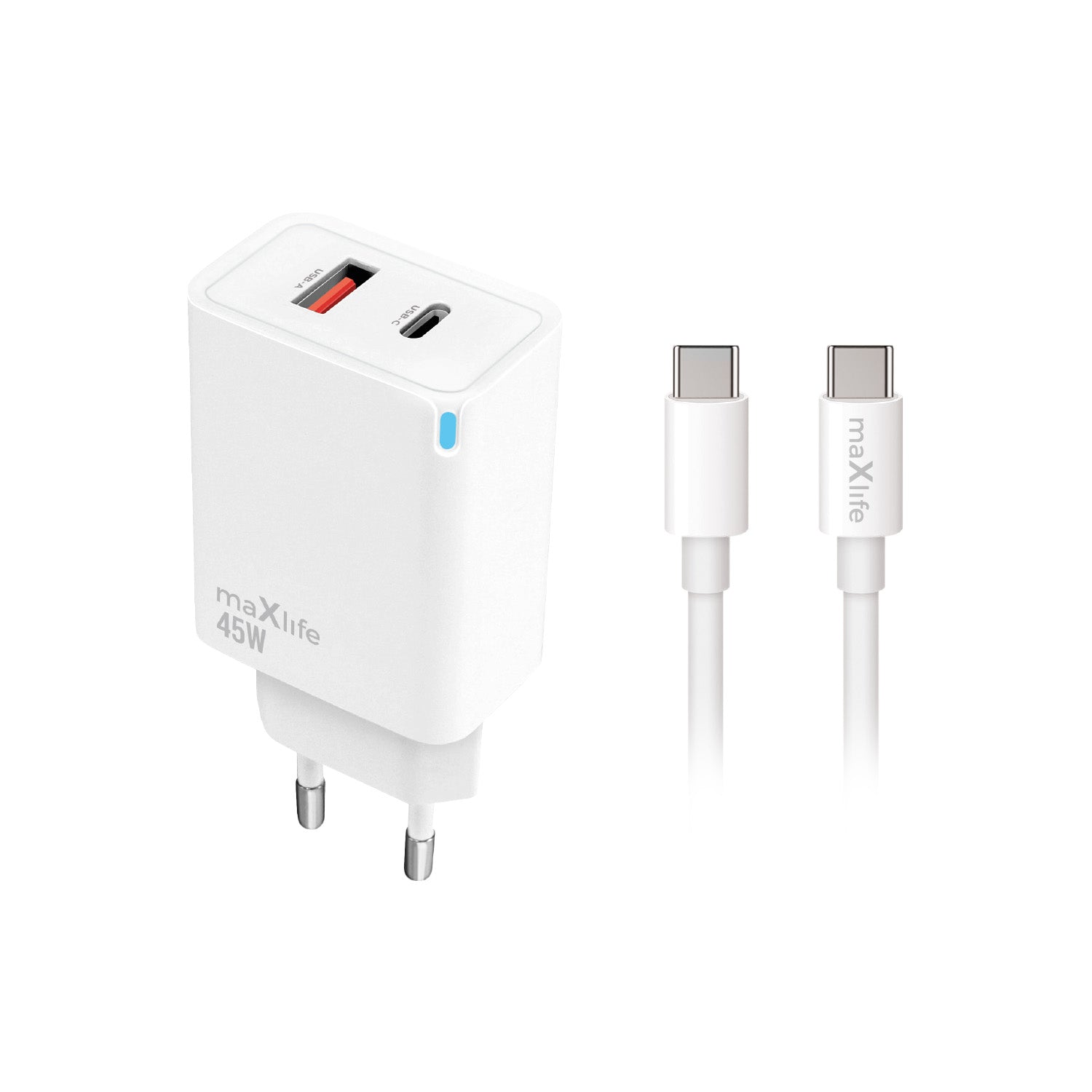 Maxlife MXTC-09-45AC PD QC charger 1x USB-C 1x USB 45W white + USB-C - USB-C cable 2.0m 60W