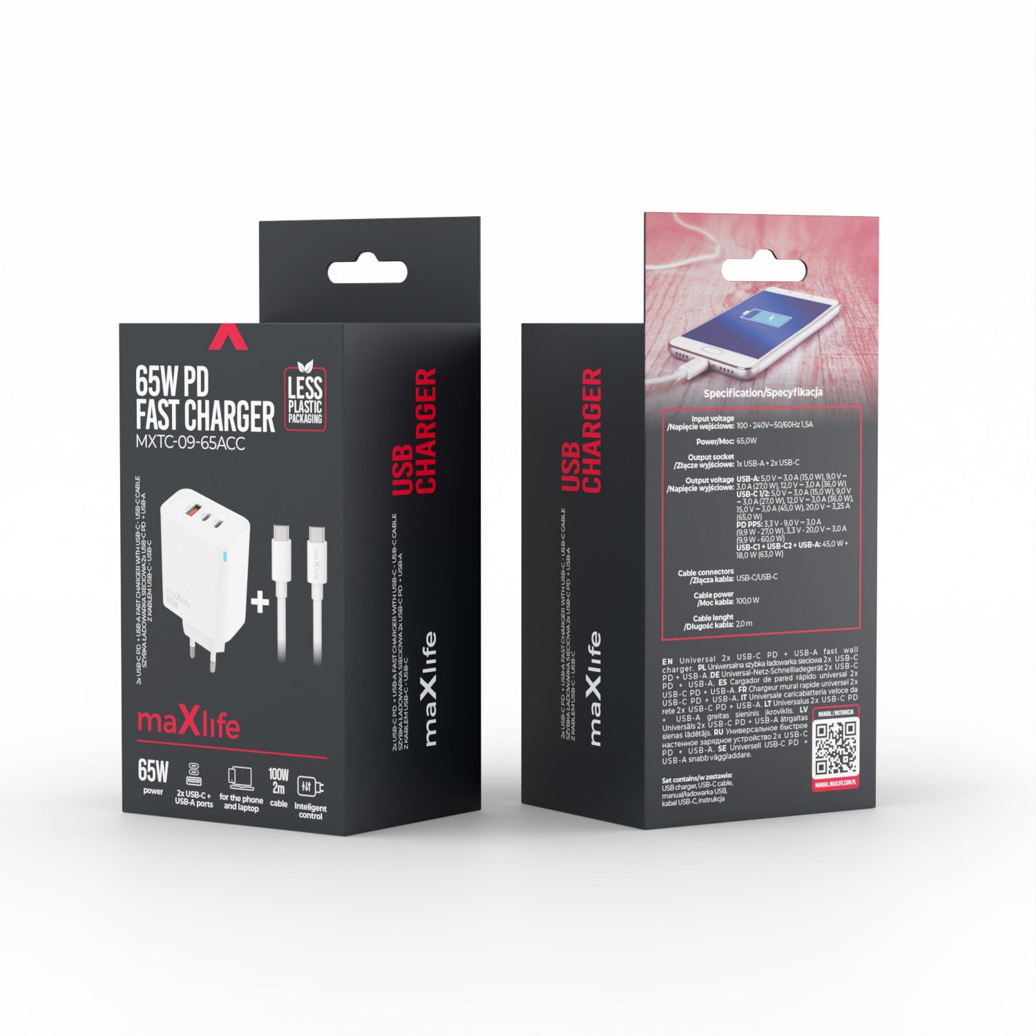 Maxlife MXTC-09-65ACC PD QC charger 2x USB-C 1x USB 65W white + USB-C - USB-C cable 2.0m 100W