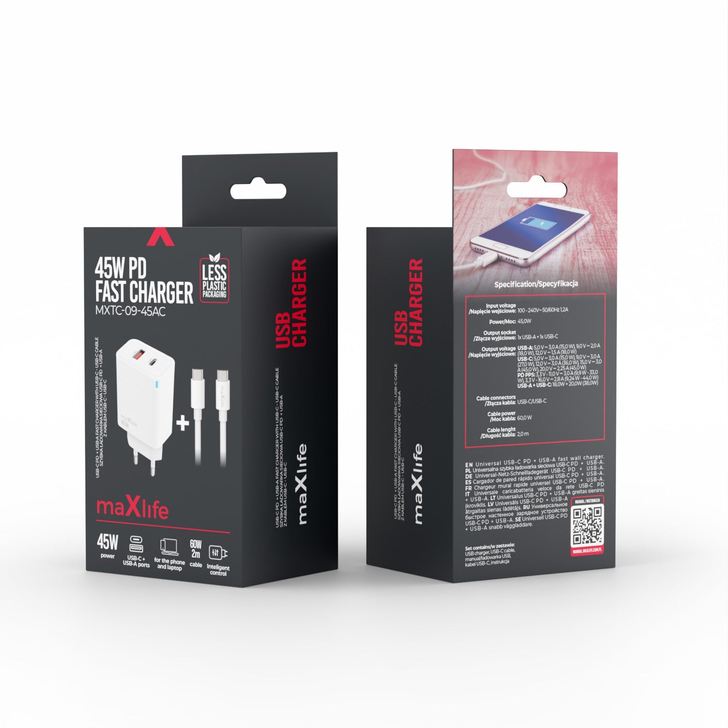 Maxlife MXTC-09-45AC PD QC charger 1x USB-C 1x USB 45W white + USB-C - USB-C cable 2.0m 60W