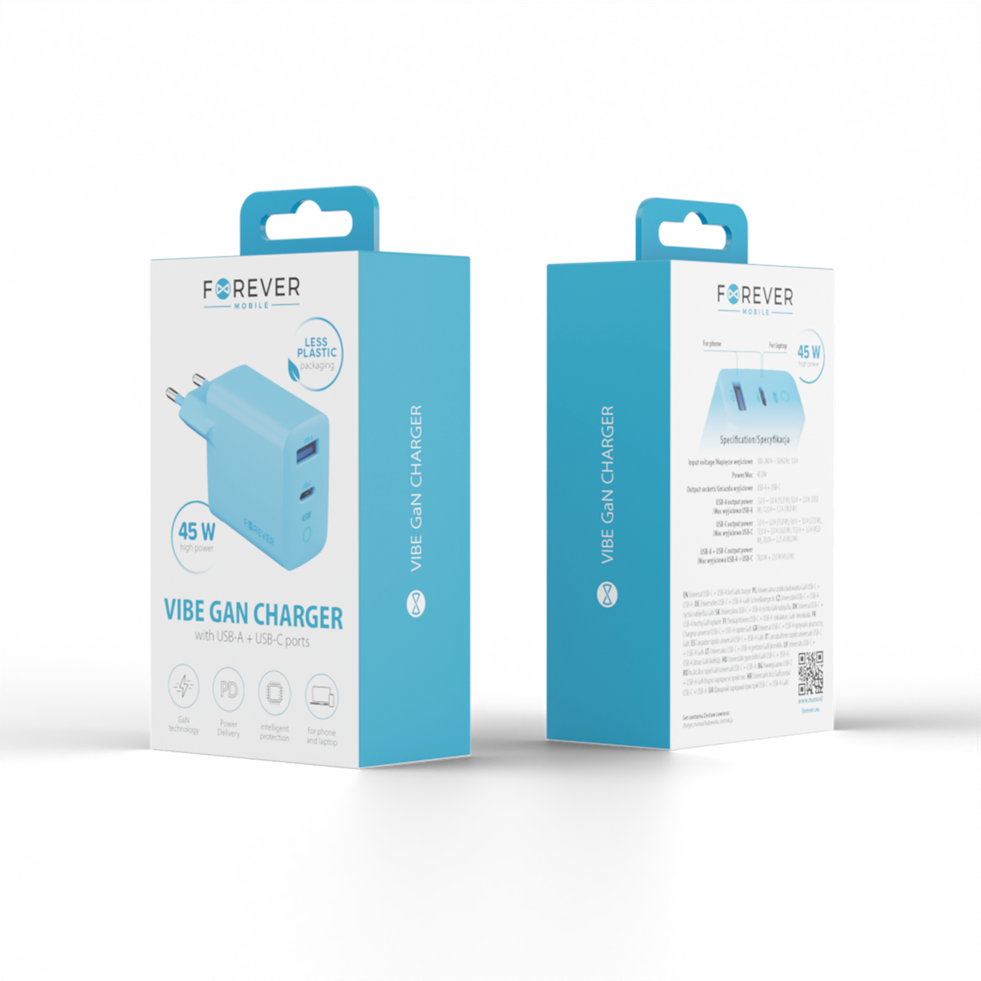 Forever Vibe-TC45AC GaN PD QC charger 1x USB-C 1x USB 45W blue sky