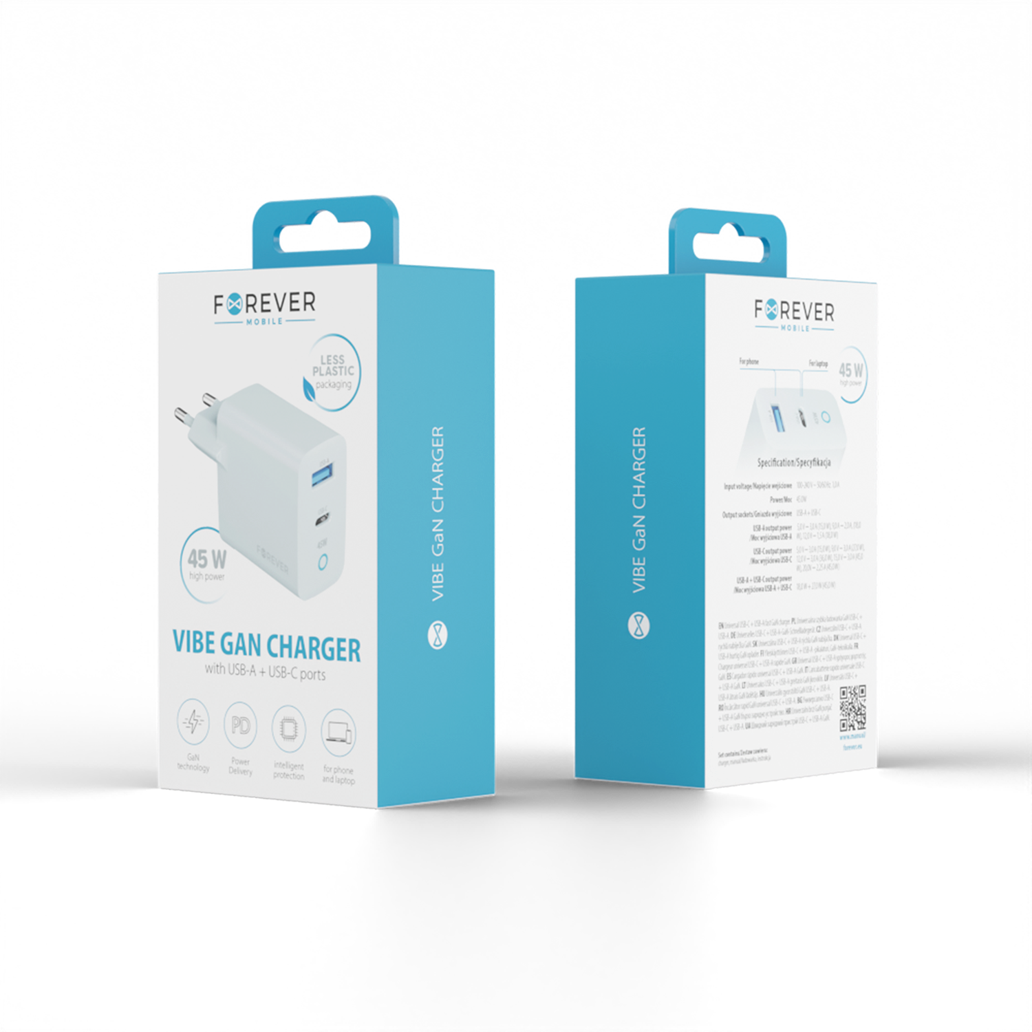 Forever Vibe-TC45AC GaN PD QC charger 1x USB-C 1x USB 45W silver
